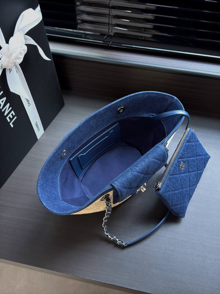 Chanel Raffia Denim Tote 36 x 28 x 14 802E