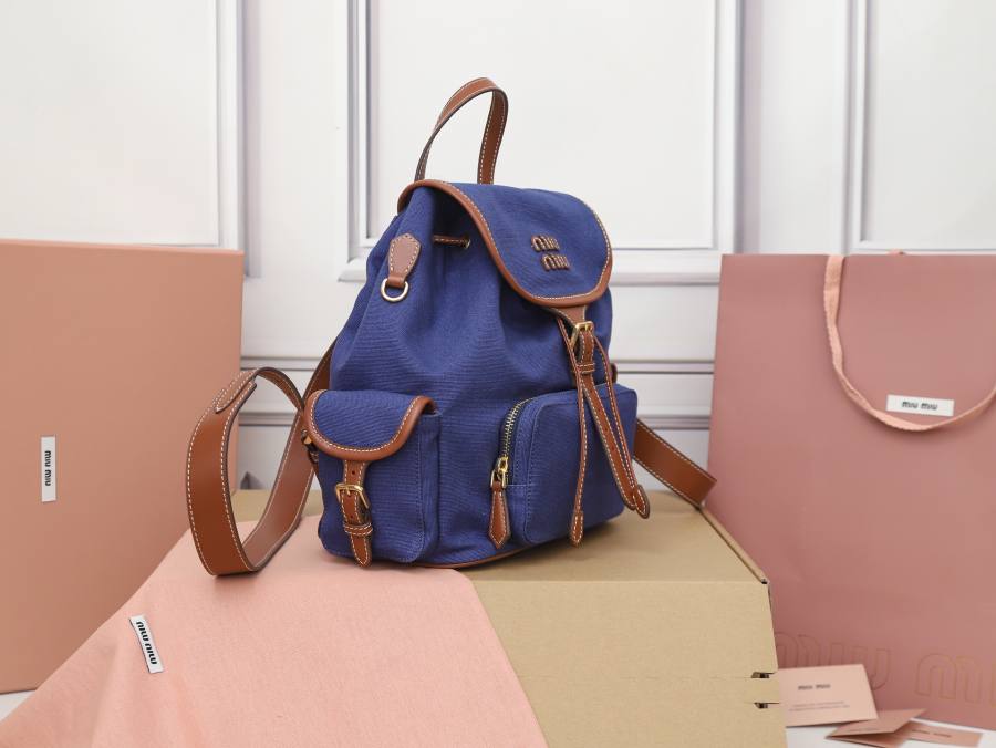 Miu Miu Canvas and Calfskin Backpack 5BZ042 7E0F 32 x 30 x 12
